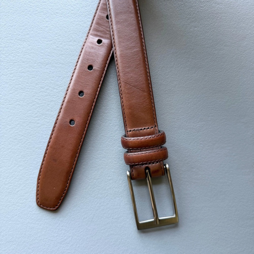 Mens Brown Genuine Leather Belt Solid Brass Buckle Size Large‎ Classic Casual